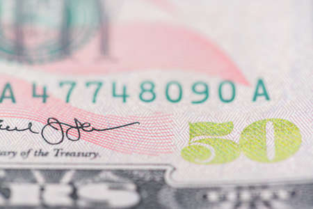 Closeup 50 Dollar Banknote. Fifty USD background. United States Dollar Bills.の写真素材