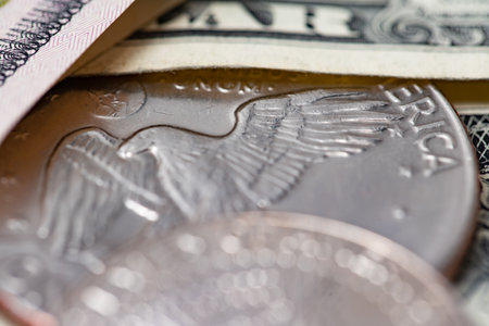 Eisenhower Dollar on Dollar Banknotes. United States of America Currency. Federal Reserve Banknotesの写真素材