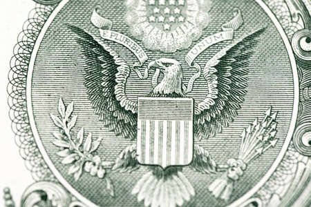 Great Seal of the United States on the backside of the one dollar banknote. 1 US dollar bill macroの写真素材