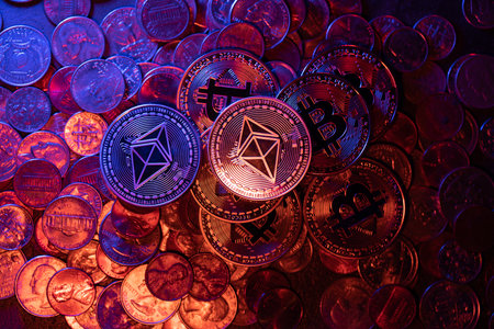 Ethereum coin on top Bitcoin and US Dollar coins. trading ETH with BTC and Dollar. Ethereum price...