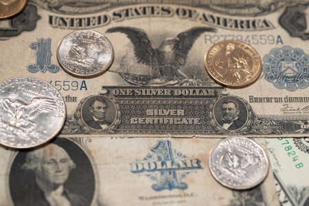 Black Eagle banknote from United States of America with coins and paper money. Historic design on 1 Dollar bill with Eagleの写真素材
