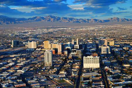 Las Vegas street Skyline aerial view with mountain and hotels on strip.の写真素材