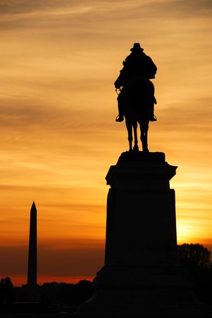 Statue of General Grant of US grant memorial and Washington Monument at sunset, Washington DC.の写真素材