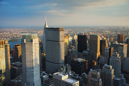 New York City sunset with skyscrapersの写真素材