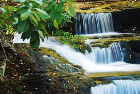 Waterfall in woods with rocksの写真素材