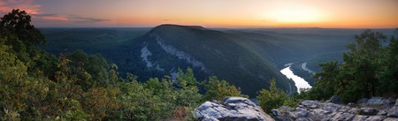 Mountain peak view panorama at dusk with river and trees from Delaware Water Gap, Pennsylvania. の写真素材