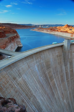 Glen Canyon Dam panorama with Colorado River in Lake Powell at Page, Arizona.の写真素材