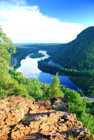 Mountain peak view with blue sky, river and trees from Delaware Water Gap, Pennsylvania. の写真素材