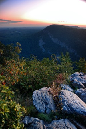 Mountain peak view panorama at dusk with rocks and trees from Delaware Water Gap, Pennsylvania. 