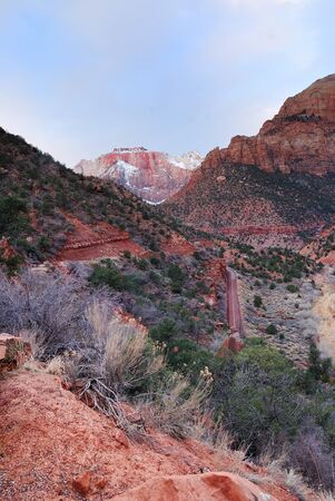 Zion National Park in the morning with red rocks, road and snow in winter, Utah. の写真素材