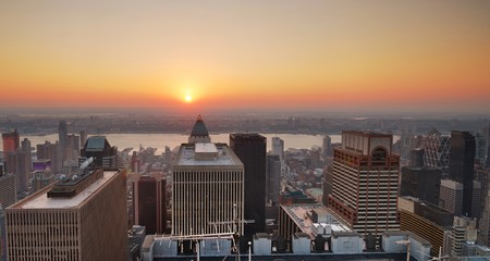 New York City Manhattan sunset panorama aerial view with skyline and skyscrapersの写真素材