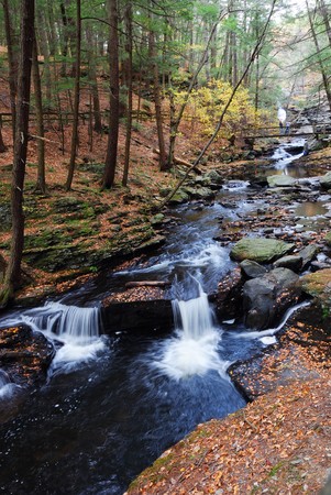 Autumn creek with hiking trail and rocks in woods with colorful foliage.