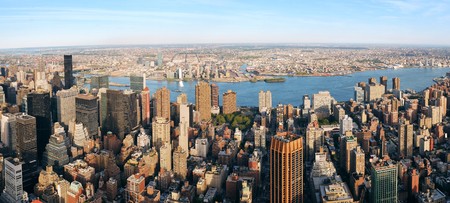 New York City Manhattan aerial panorama view with New Jersey from west Hudson River and skyscrapers at sunset.の写真素材
