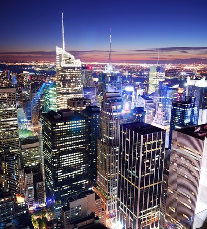 New York City Manhattan panorama skyline sunset aerial view with Times Square.の写真素材
