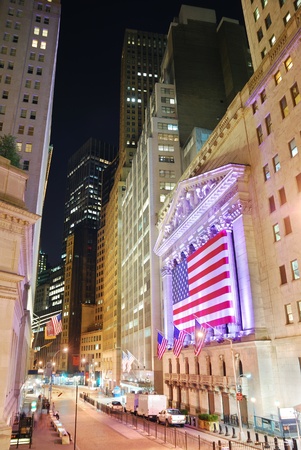 NEW YORK CITY - AUG 8: Wall Street New York Stock Exchange, the world's largest stock exchange by market capitalization of its listed companies, at night. August 8, 2010 in Manhattan, New York City.のeditorial素材