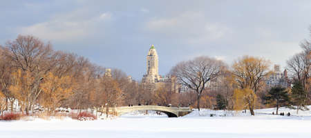 New York City Manhattan Central Park in winter with snow and city skyline with skyscrapers, bridge and cloudy sky.の写真素材