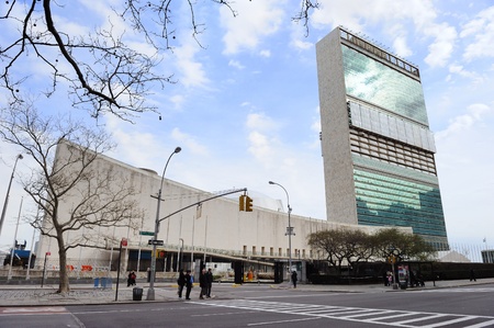 NEW YORK CITY, NY, USA - MAR 30: The United Nations complex was designed by an international team of 11 architects led by Wallace K. Harrison. March 30, 2011 in Manhattan, New York City.のeditorial素材