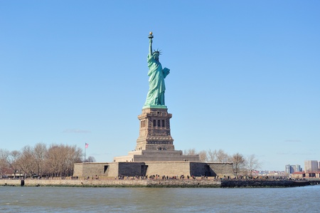 Statue of Liberty closeup on Liberty Island of New York City Manhattan with blue clear sky.の写真素材