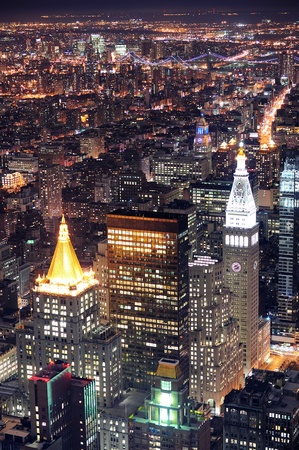 New York City Manhattan aerial view at dusk with urban city skyline and skyscrapers buildingsの写真素材