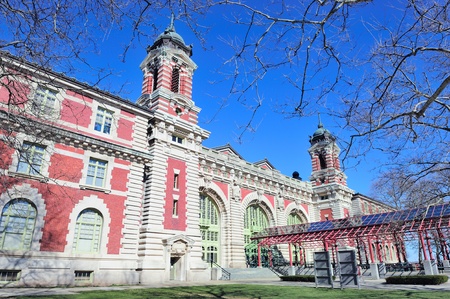 New York City Ellis Island Great Hall with blue clear skyの写真素材