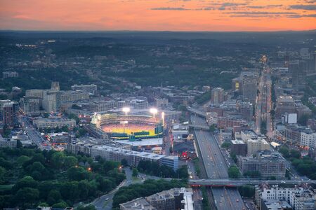 Boston aerial view at sunset with cityscape and buildings.の写真素材