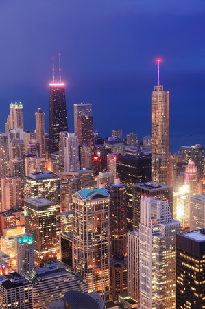 Chicago downtown aerial view at dusk with skyscrapers and city skyline at Michigan lakefront. の写真素材
