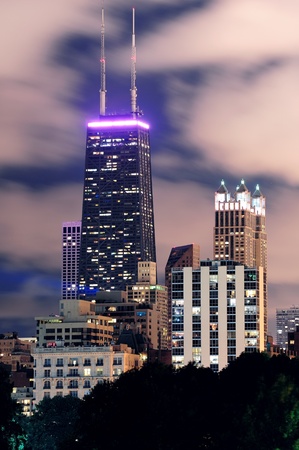 Chicago city urban skyscraper at night viewed from Lincoln Park.のeditorial素材