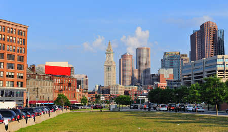 Boston city street view with traffic and historical architecture.のeditorial素材