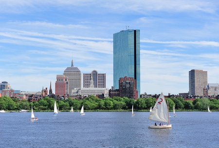 Boston Charles River with urban city skyline Hancock building and boat.のeditorial素材
