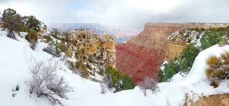 Grand Canyon panorama view in winter with snow and clear blue sky.の写真素材