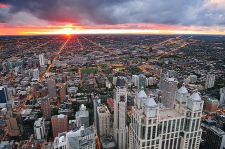Chicago skyline panorama aerial view with skyscrapers and cloudy sky at sunset.の写真素材