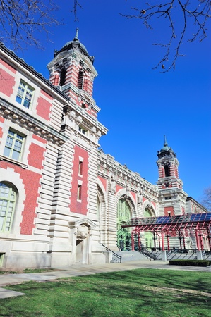 New York City Ellis Island Great Hall with blue clear skyの写真素材