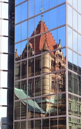 Trinity Church reflection on Hancock Building in Boston street.のeditorial素材