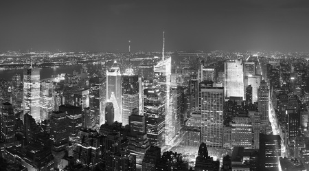New York City Manhattan Times Square skyline aerial view panorama black and white with skyscrapers and street.のeditorial素材