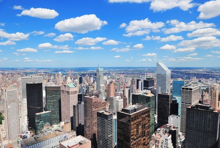 New York City Manhattan midtown aerial panorama view with skyscrapers and blue sky in the day.のeditorial素材