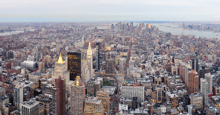 New York City Manhattan downtown aerial view with urban city skyline and skyscrapers buildings.の写真素材