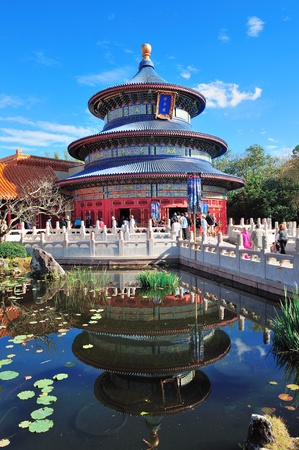 ORLANDO, FL - FEB 13: Disney Epcot Chinese style architecture with blue sky on February 13, 2012 in Orlando, Florida. Epcot is the third most visited theme park in the US, and fifth in the world.のeditorial素材