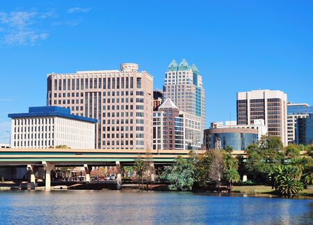 Orlando Lake Lucerne panorama in the morning with office buildings and bridgeのeditorial素材