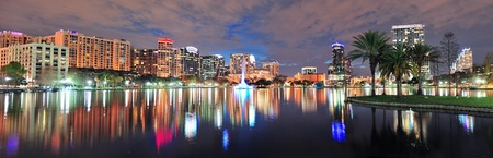 Orlando Lake Eola panorama with office buildings at nightのeditorial素材