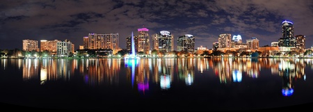 Orlando Lake Eola panorama with office buildings at nightのeditorial素材