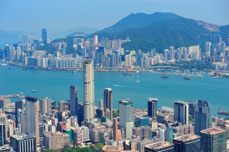 Hong Kong aerial view panorama with urban skyscrapers and sea. の写真素材