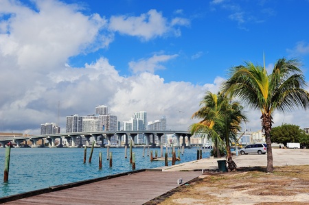 Miami city tropical view over sea from dock in the day with blue sky and cloud.の写真素材
