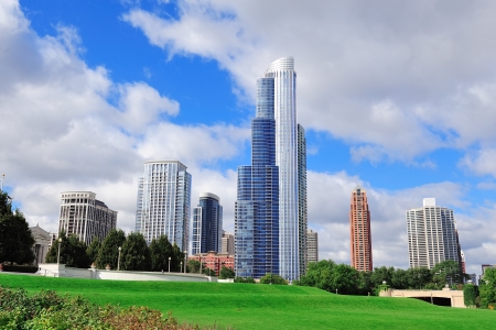 Chicago city downtown urban skyline with skyscrapers and cloudy blue sky.の写真素材