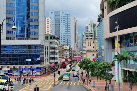 HONG KONG, CHINA - APR 23: Street view with traffic on April 23, 2012 in Hong Kong, China. With 7M population and land mass of 1104 sq km, it is one of the most dense areas in the world.のeditorial素材