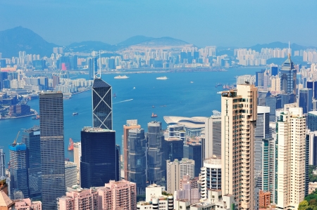 Hong Kong aerial view panorama with urban skyscrapers and sea. のeditorial素材