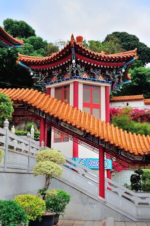 Chinese temple in Hong Kong with pagoda style architectureの写真素材