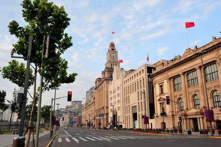 Shanghai historic architecture on street in the morning with blue sky.