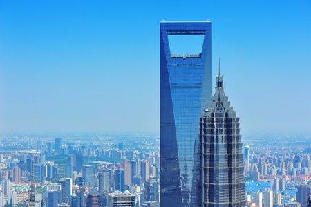 Shanghai city aerial view with urban architecture and blue sky in the day.の写真素材