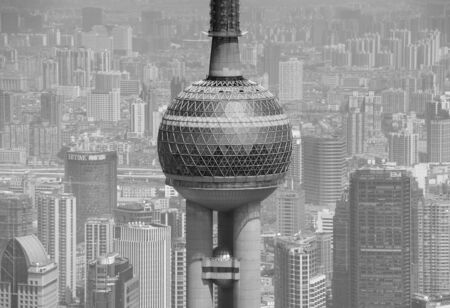 SHANGHAI, CHINA - MAY 28: Oriental Pearl Tower over river on May 28, 2012 in Shanghai, China. The tower was the tallest structure in China excluding Taiwan from 1994¨C2007 and the landmark of Shanghai.のeditorial素材