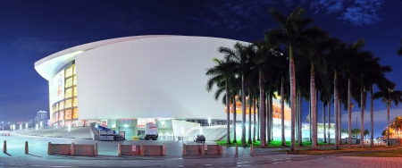 MIAMI, FL - FEB 7: American Airlines Arena at night on February 7, 2012 in Miami, Florida. It is home to the Miami Heat with 2105 seats and has the Florida's largest theater The Waterfront Theater.のeditorial素材